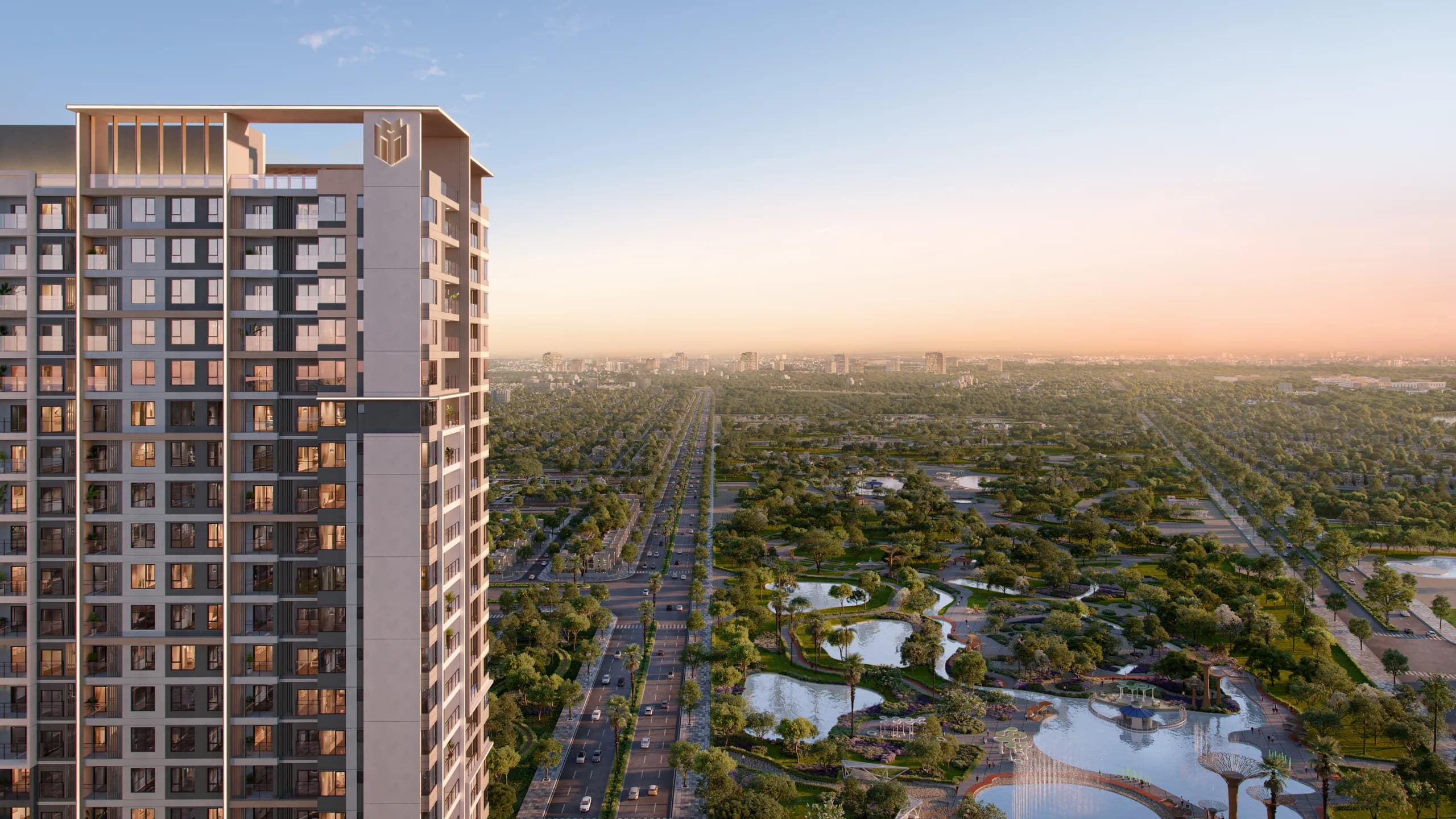 Phối cảnh toà tháp Masteri Hocmon Landmark nhìn ra công viên và đại lộ phía Tây Bắc TP.HCM